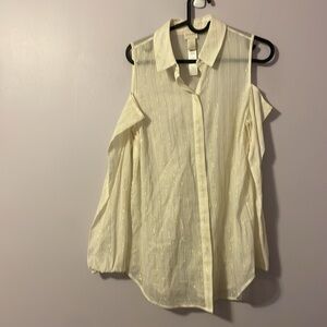 Chico’s Cream with Metallic Gold Stripe Cold Shoulder Long Sleeve Button Blouse